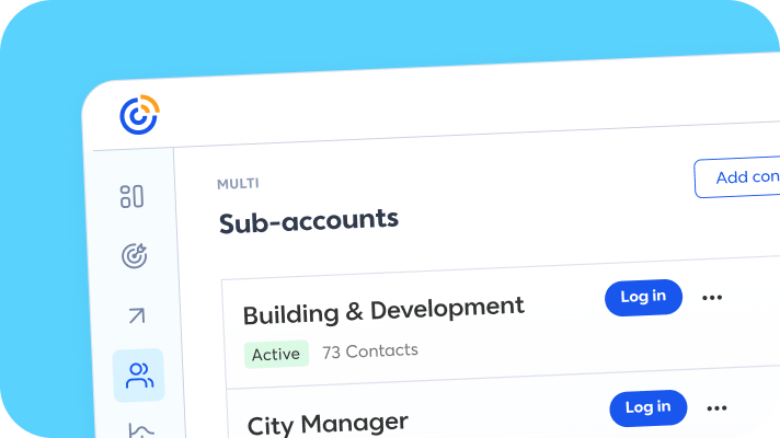 Multi sub-accounts dashboard with Building & Development and City Manager
