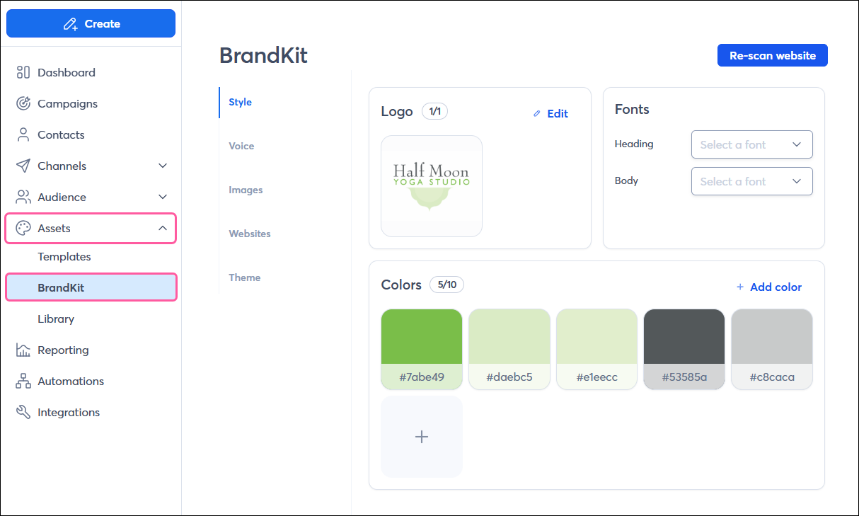 Left navigation with Assets drop-down, BrandKit option selected, and brand assets uploaded