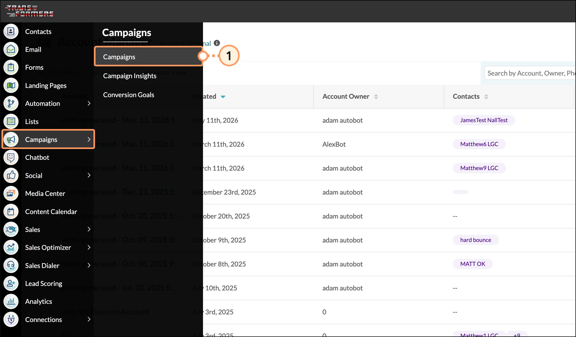 Campaigns in the expanded navigation menu