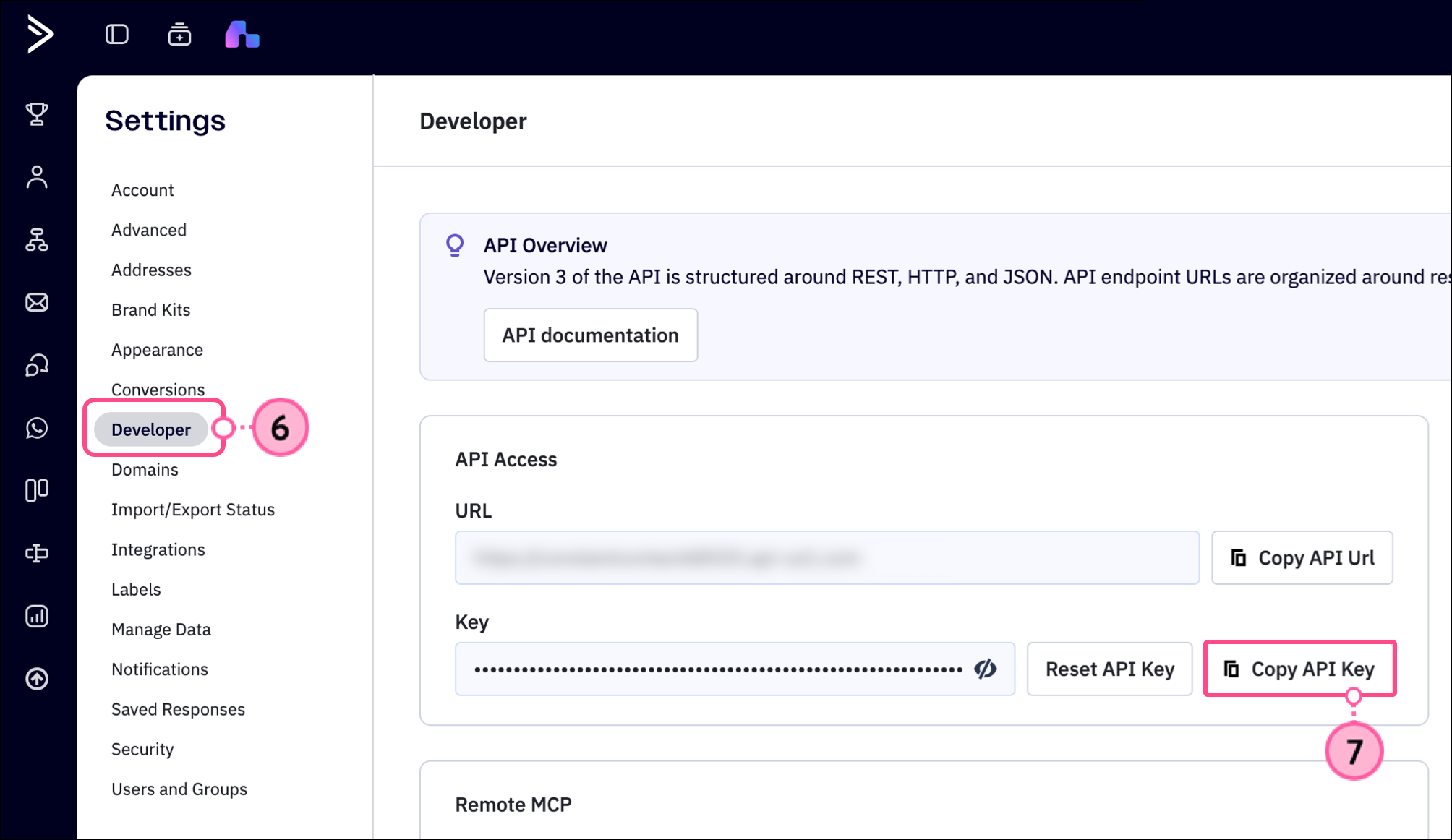 Copy API Key button to the right of the API Key field