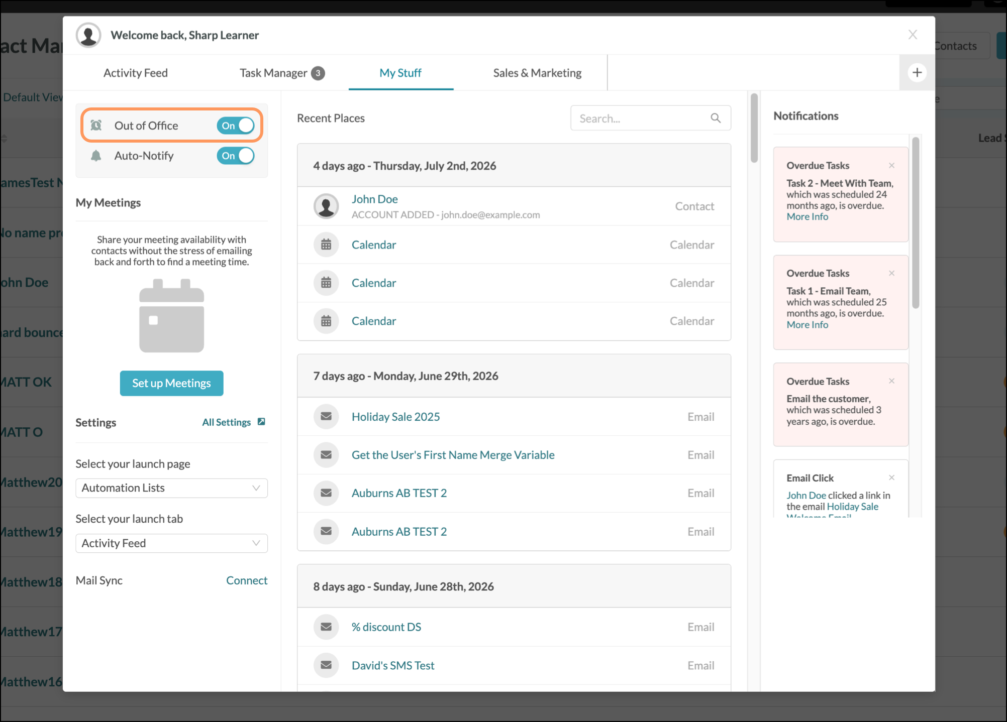 Out Of Office toggle in the Launchpad pop-up