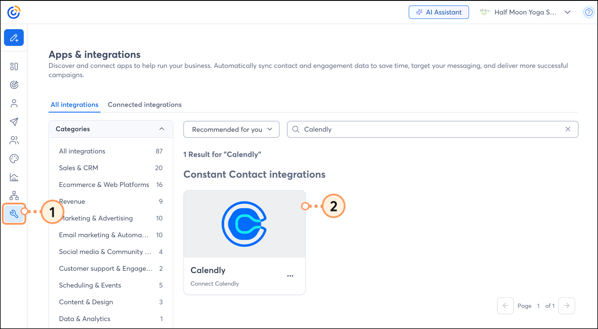 Calendly integration card in the Integrations section in Constant Contact