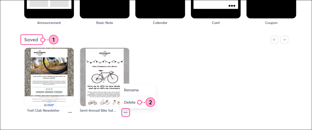 Saved section of template picker, template with menu expanded, and Delete option selected