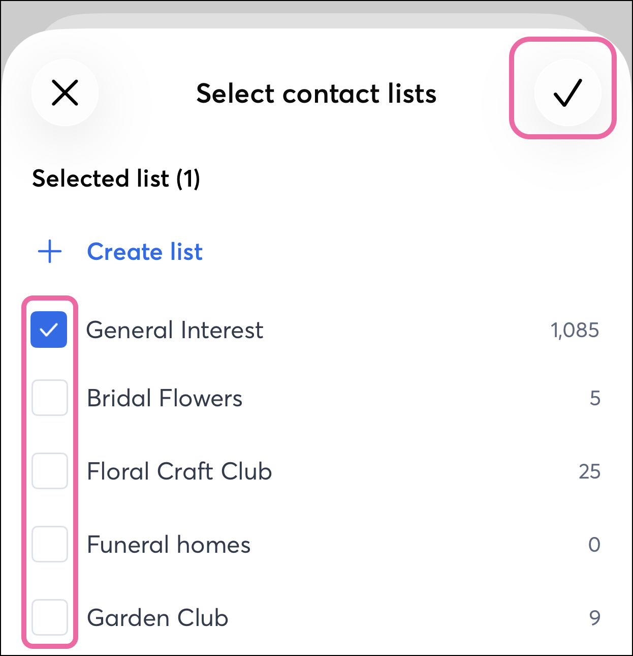 List of lists to select from and save checkmark in the top corner