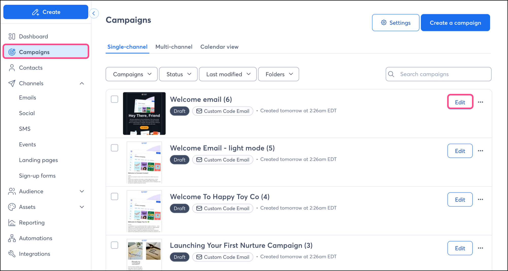 Emails in the Campaigns tab