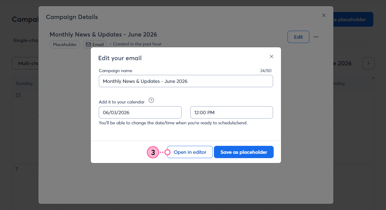 Edit Email overlay with Open in Editor button