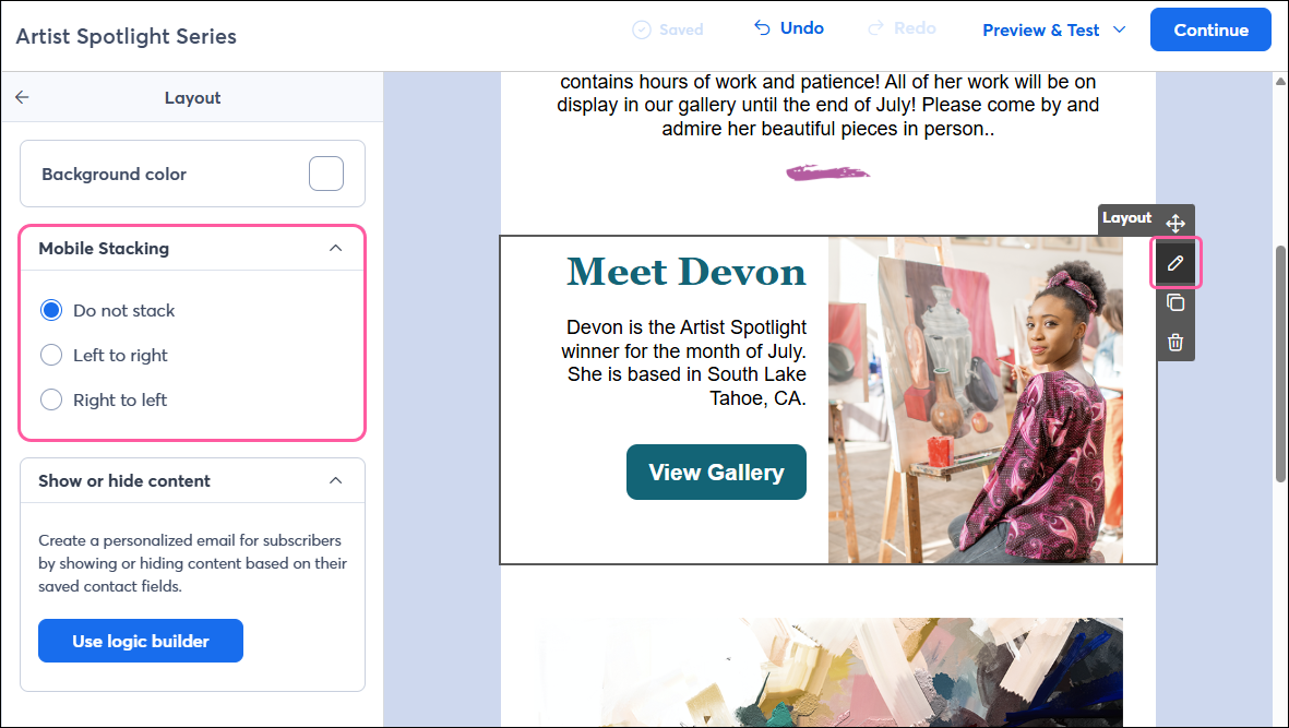 Mobile stacking buttons in the layout tab on the left side of the page