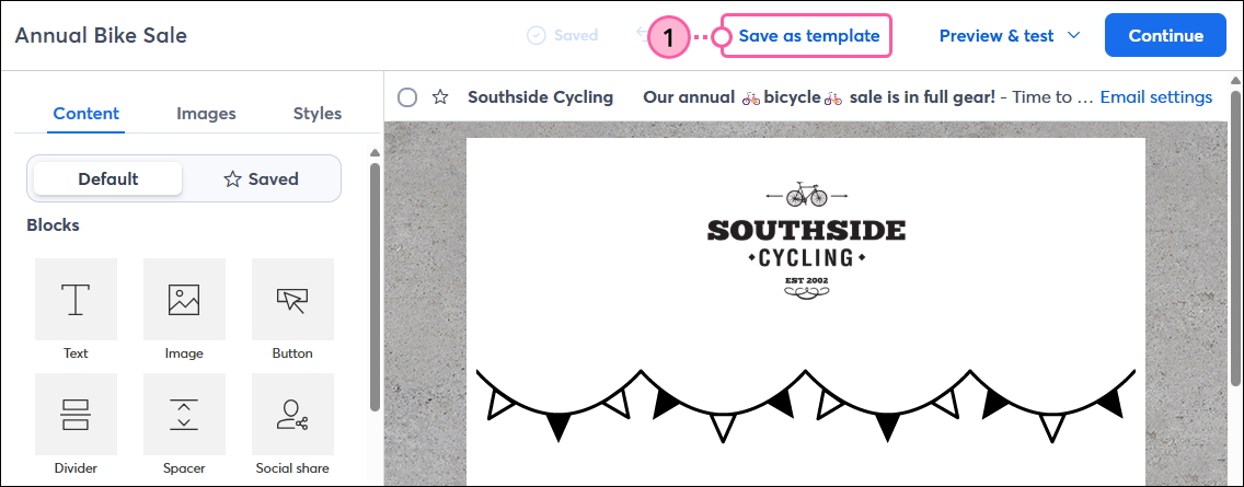 Email editor with Save as Template link