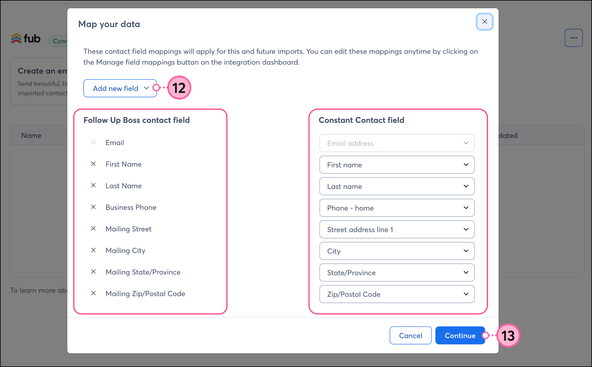 Follow Up Boss contact fields on the left and Constant Contact contact fields on the right above blue Continue button