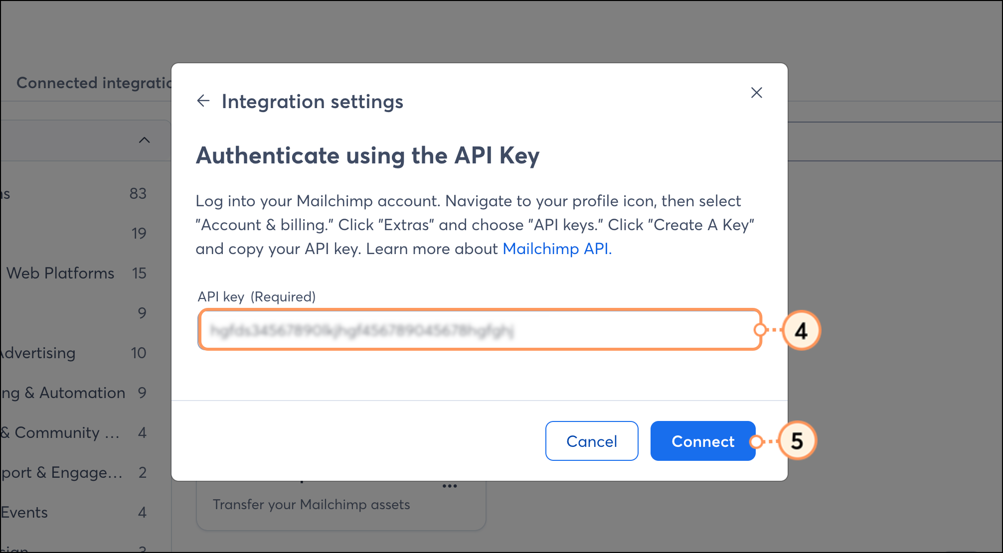 API key field and blue Connect button