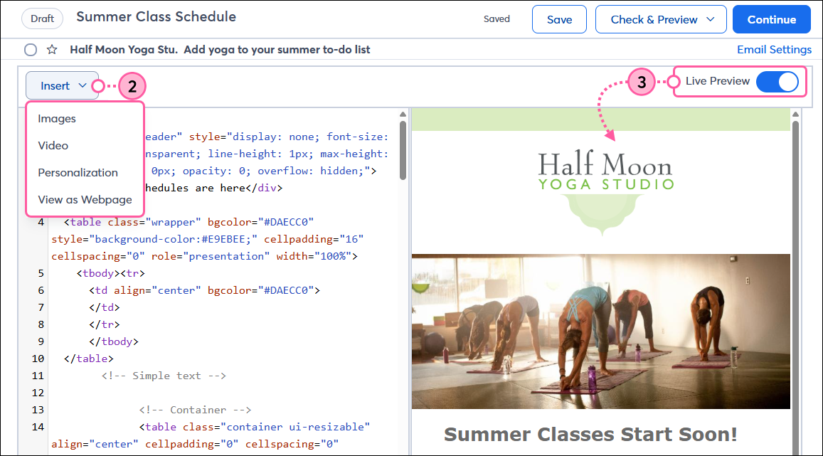 Custom Code editor with Live Preview toggle and Insert drop-down menu expanded with Images, Video, Personalization, and View as Webpage options