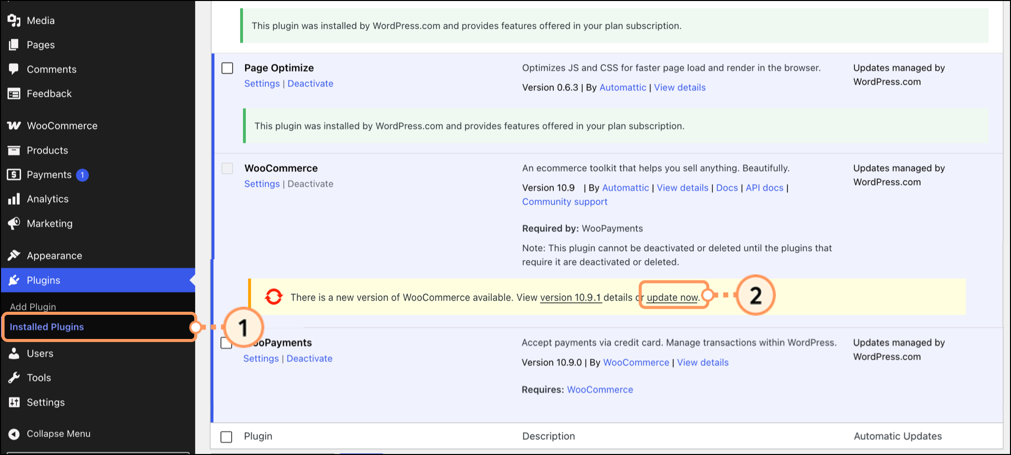 Update now link on an outdated plugin in the Installed Plugins section