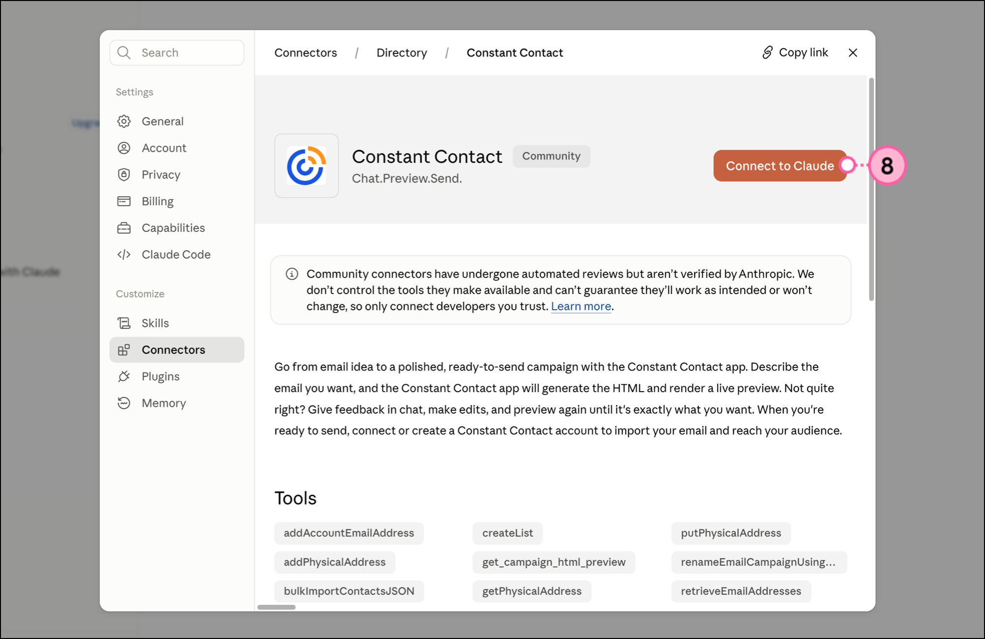 Orange Connect to Claude button on the Constant Contact connector