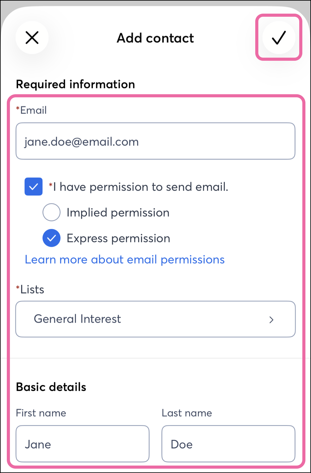 Add contact form with email field, permission type dropdown, contact fields and Next button in the top right corner