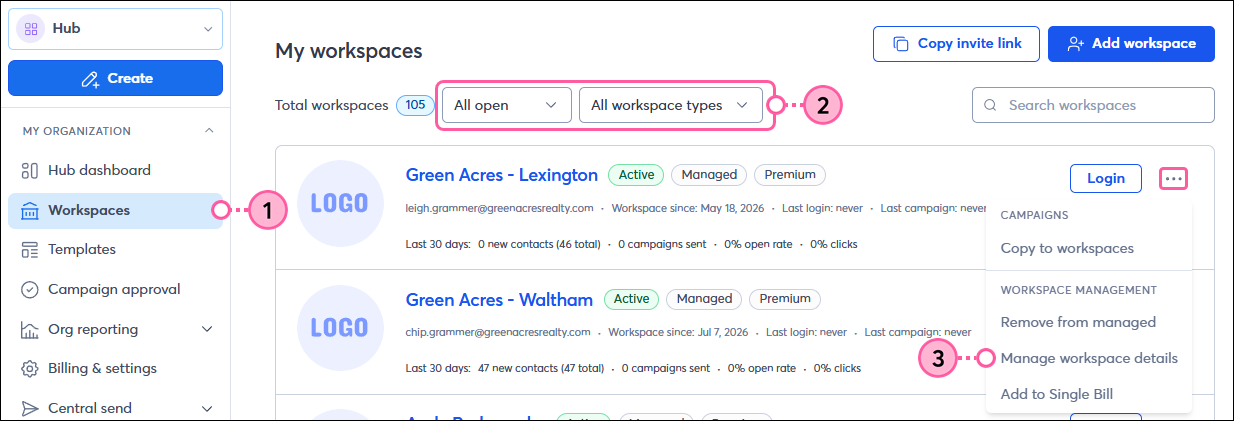 Workspaces page, filter options, workspace menu dropdown manage option