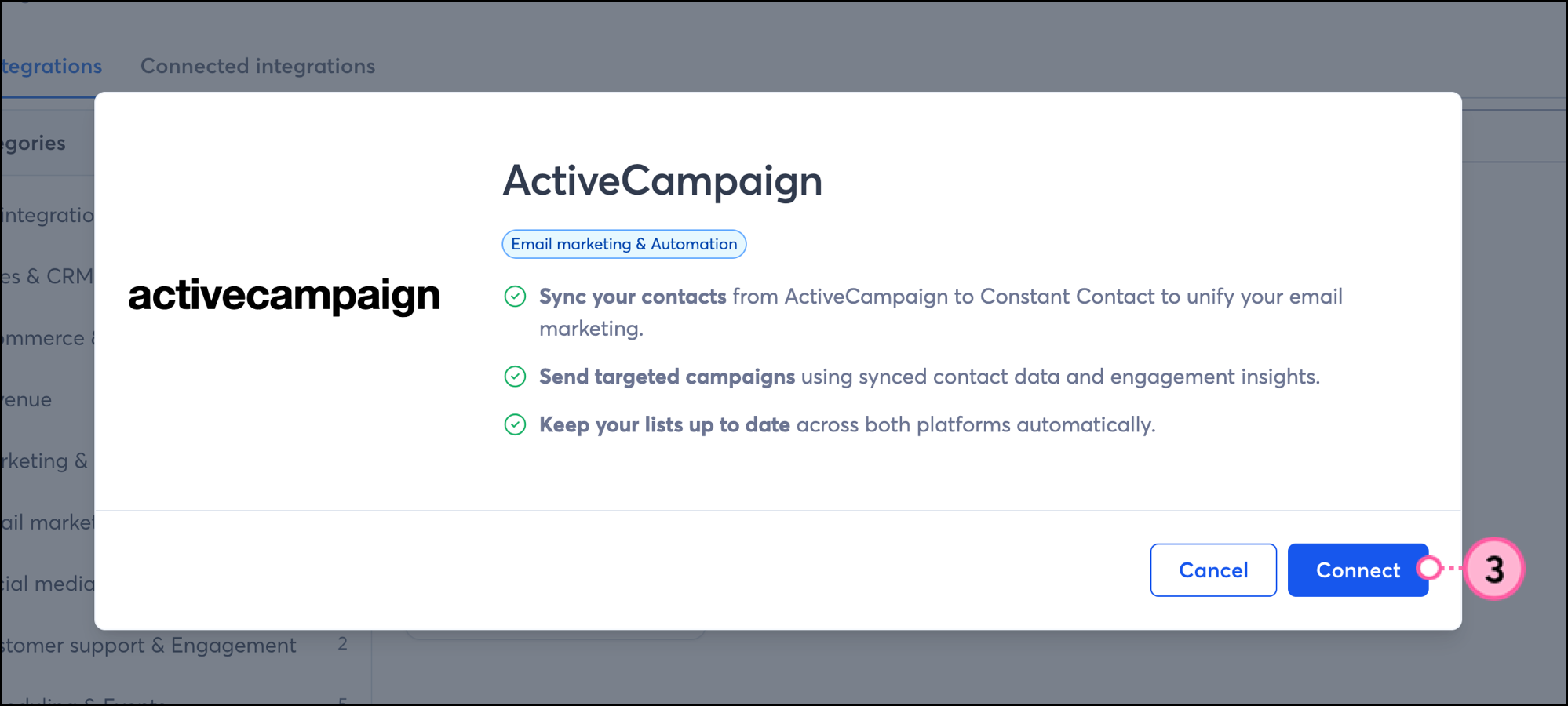 ActiveCampaign overview pop-up Connect button