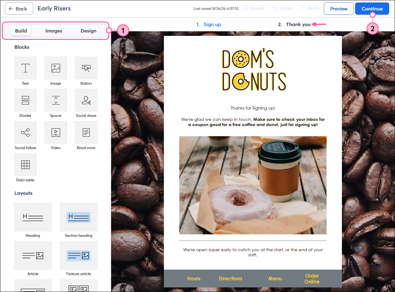 Landing page editor with Build tab selected, thank you page template with custom branding, images, and text, and Continue button