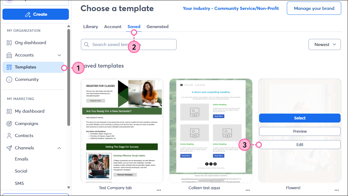 Templates tab Saved subtab Edit button