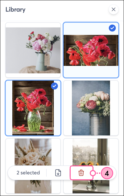 Constant Contact Library with images selected and trash can icon