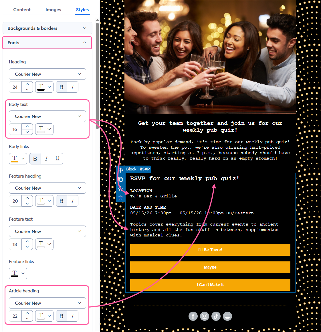 Styles tab with Body Text and Article Heading options