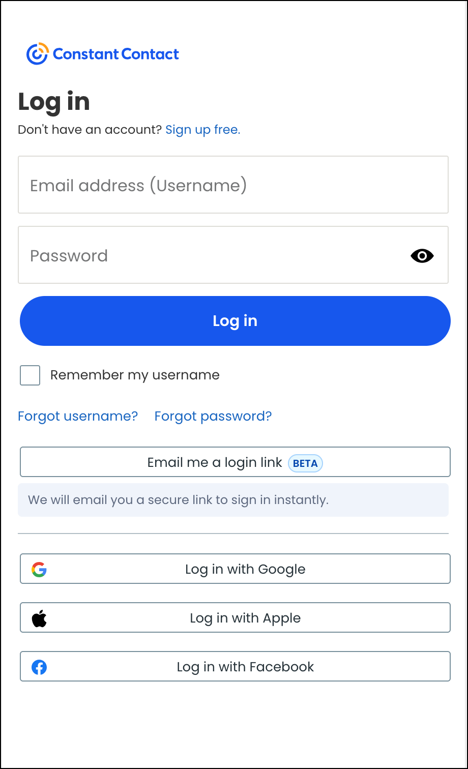 Log In page with SSO options Google, Apple, and Facebook