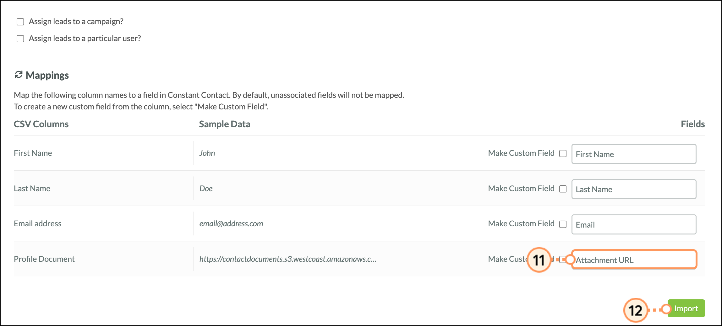 Attachment URL field selection above green Import button