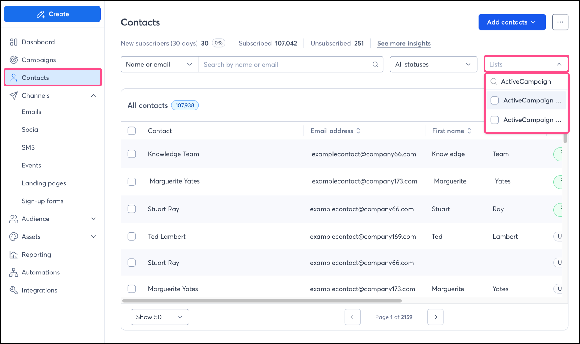 List drop-down above table of contacts in the Contacts tab