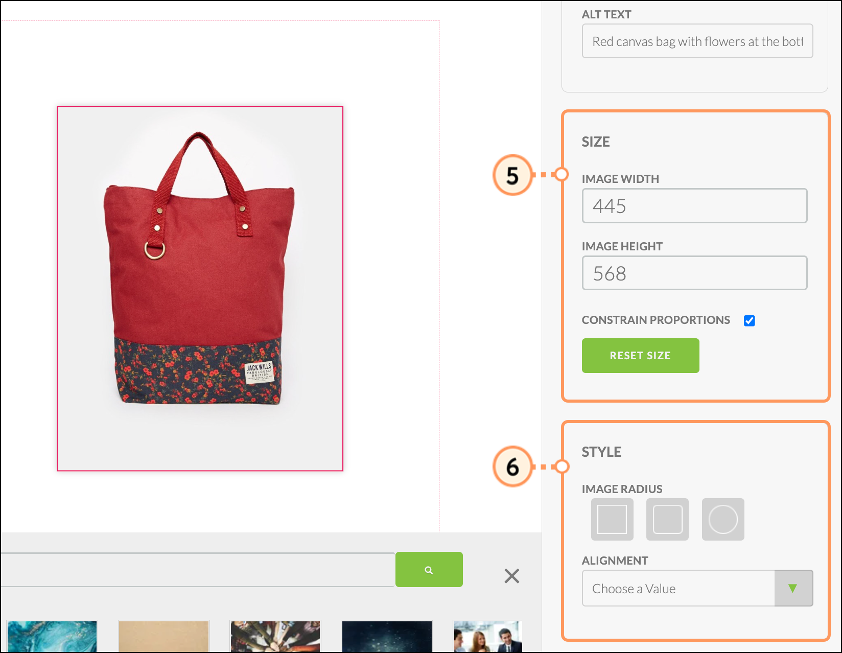 Size and Style image editing options Size and Style image editing options