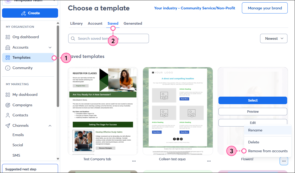 Email template picker with Saved templates tab selected and Customer Templates option selected, template with preview option and template menu expanded with Remove from accounts option selected