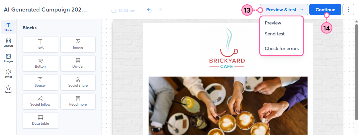 Email editor with Preview and Test drop-down options and Continue button