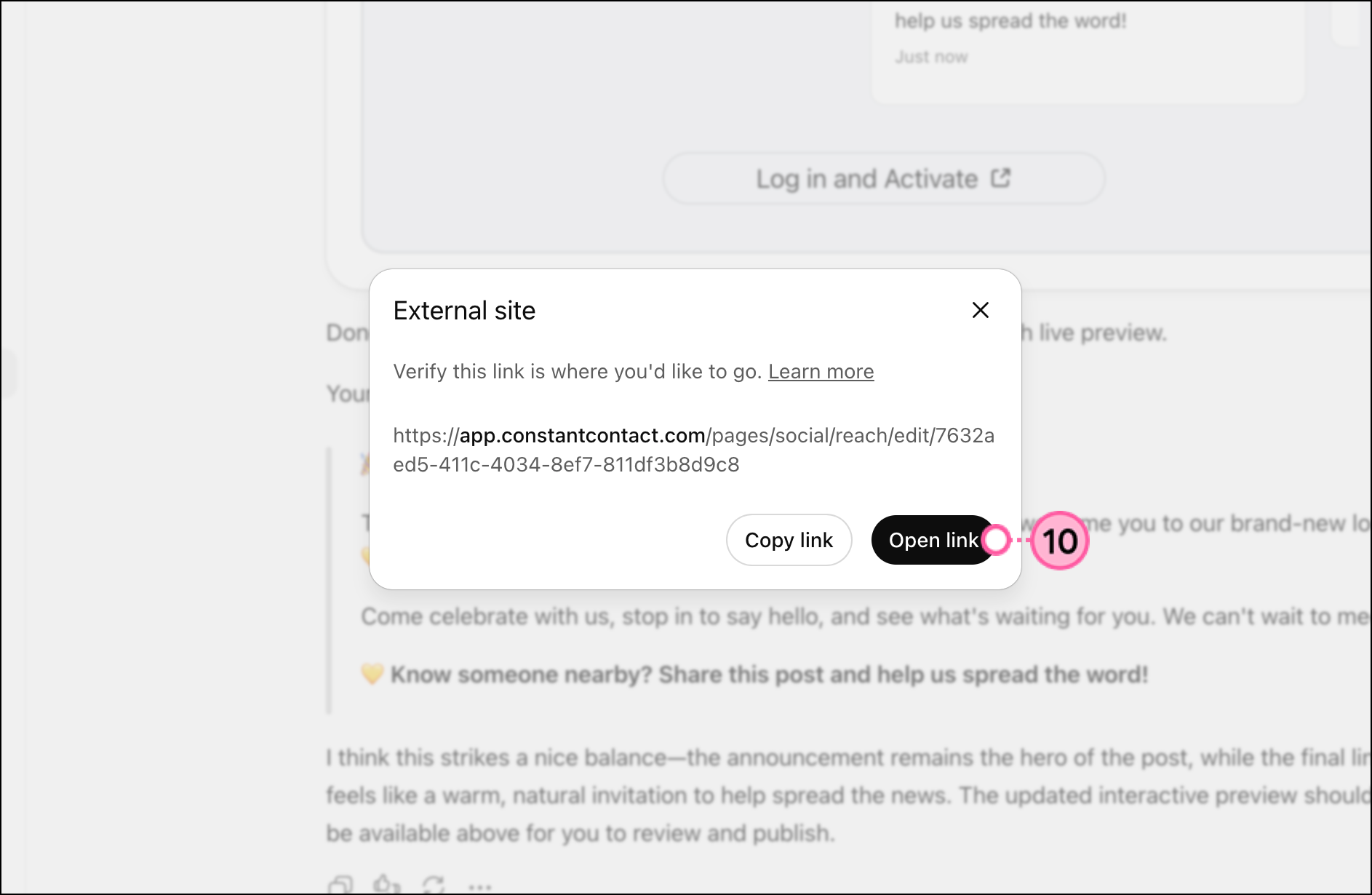 External Site pop-up and Open link button