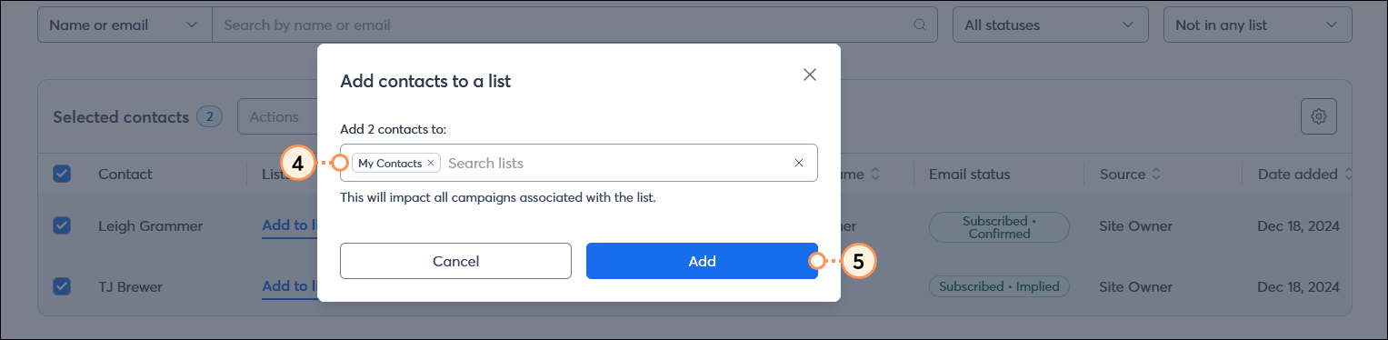 Add contacts to a list overlay with Lists field and Add button