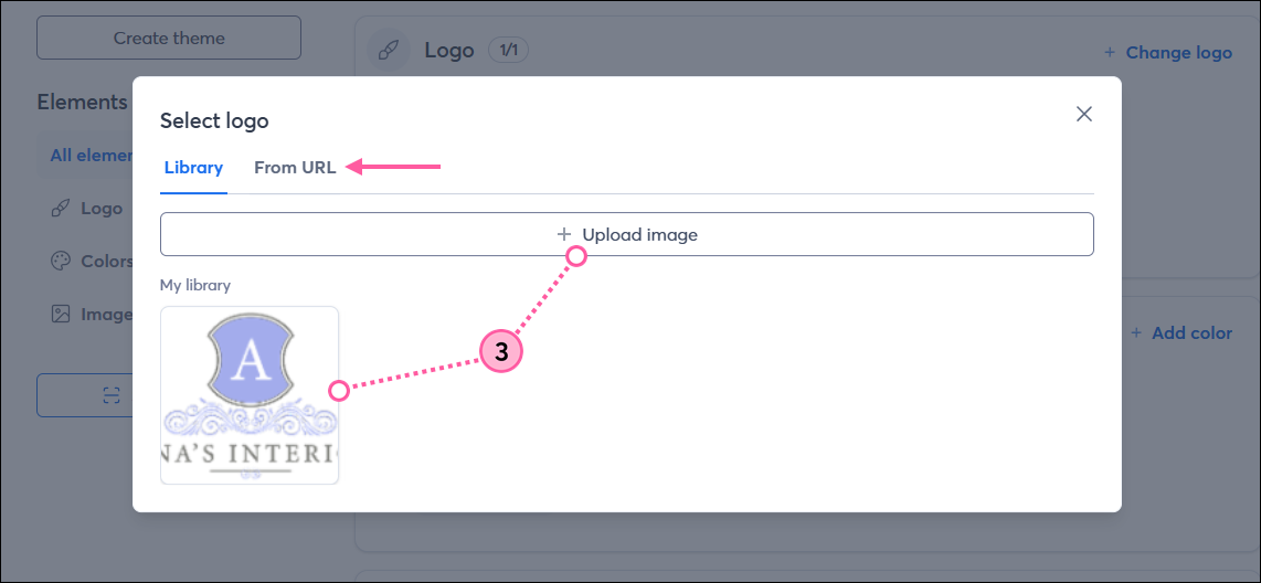 Change Logo pop-up with From URL field or Upload File tab and Save button