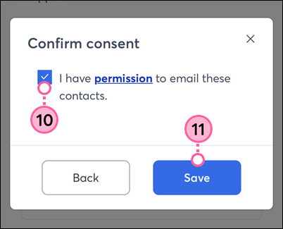 Constant Contact on mobile web browser, Confirm Consent checkbox, and Save button