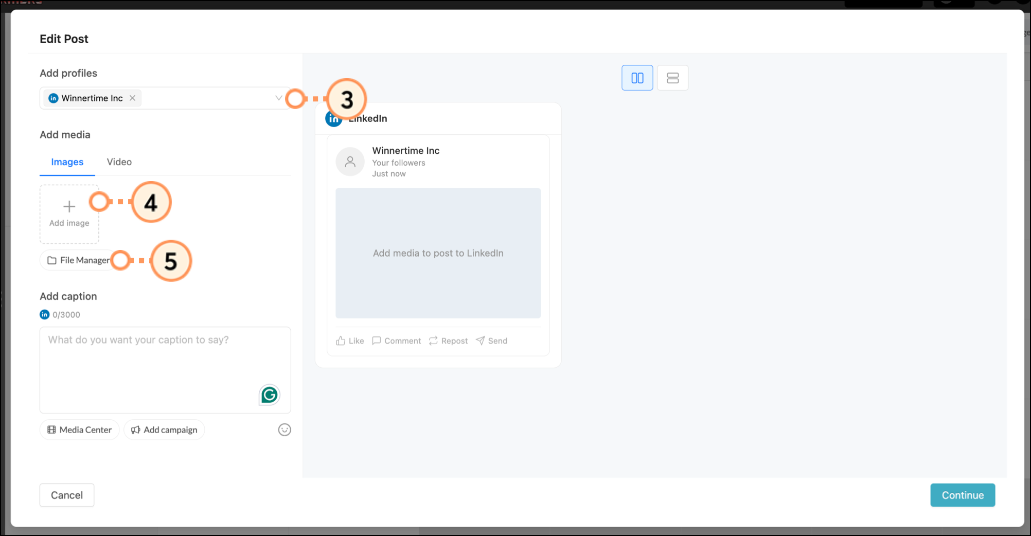 Edit Post pop-up with LinkedIn profile selected