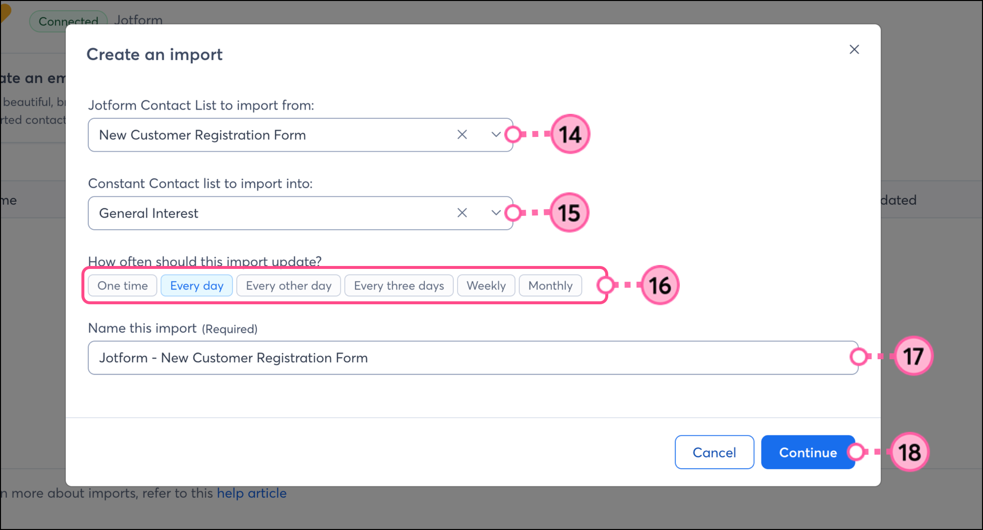 Import overview popup form with from list, to list, recurring schedule options and name field above blue Continue button
