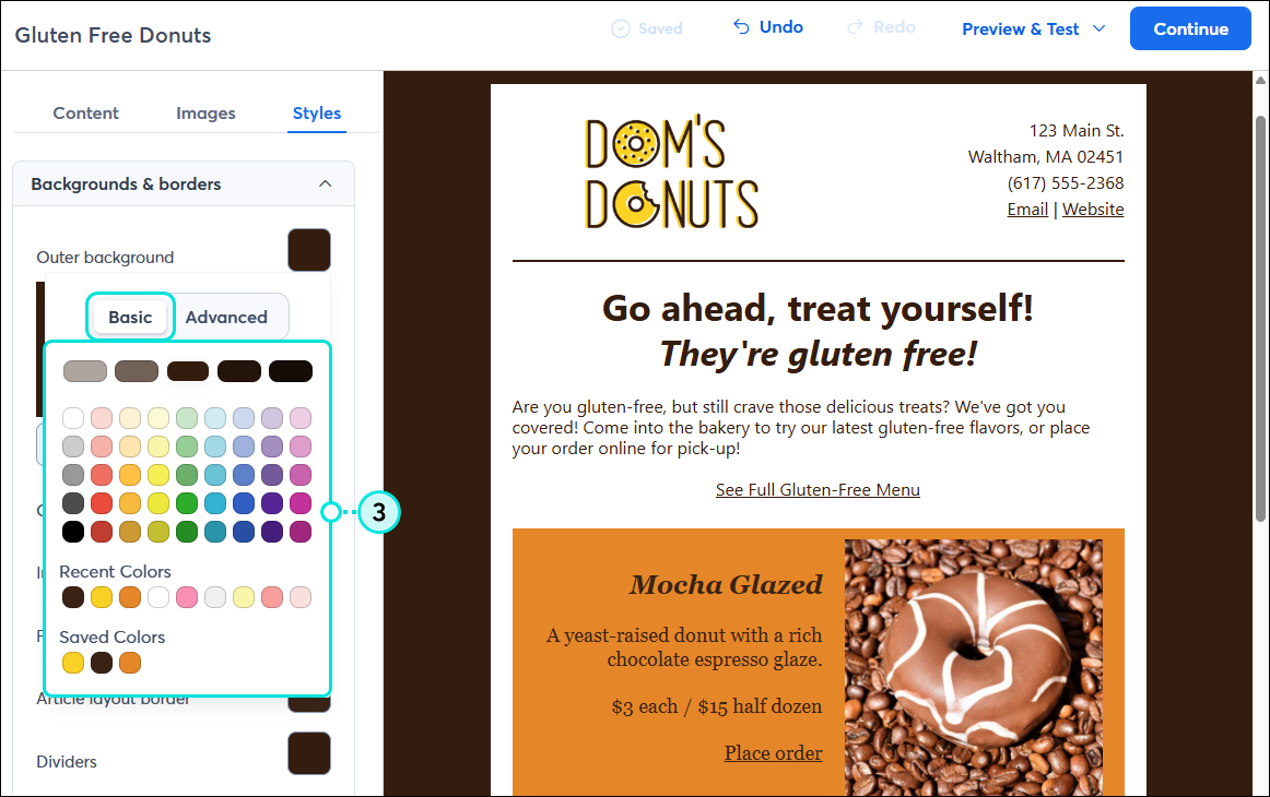 Email Styles tab, Backgrounds and Borders menu expanded, Basic color palette options