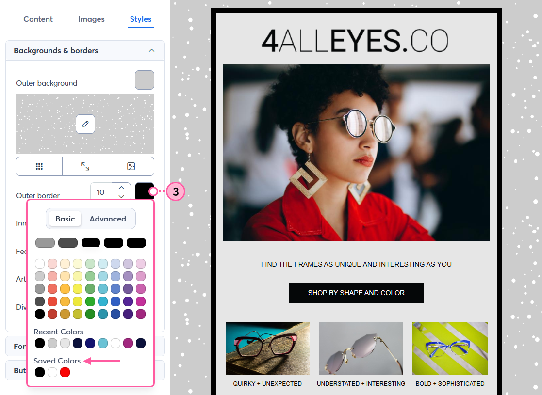 Email editor with Styles tab selected, Backgrounds and Borders section expanded, and Outer Border options with color swatch and color palette expanded