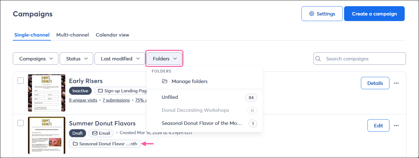 Campaigns page with Single-channel tab selected, Folders menu expanded with Manage folders option and unfiled campaigns