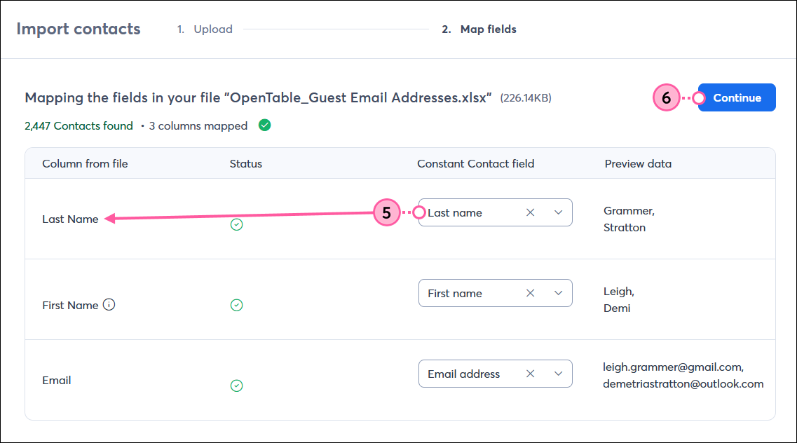 Import Contacts page with column fields to match, Constant Contact field drop-downs, and Continue button