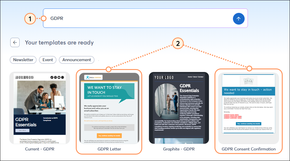 Templates page with Search field and GDPR keyword, search results with template thumbnails