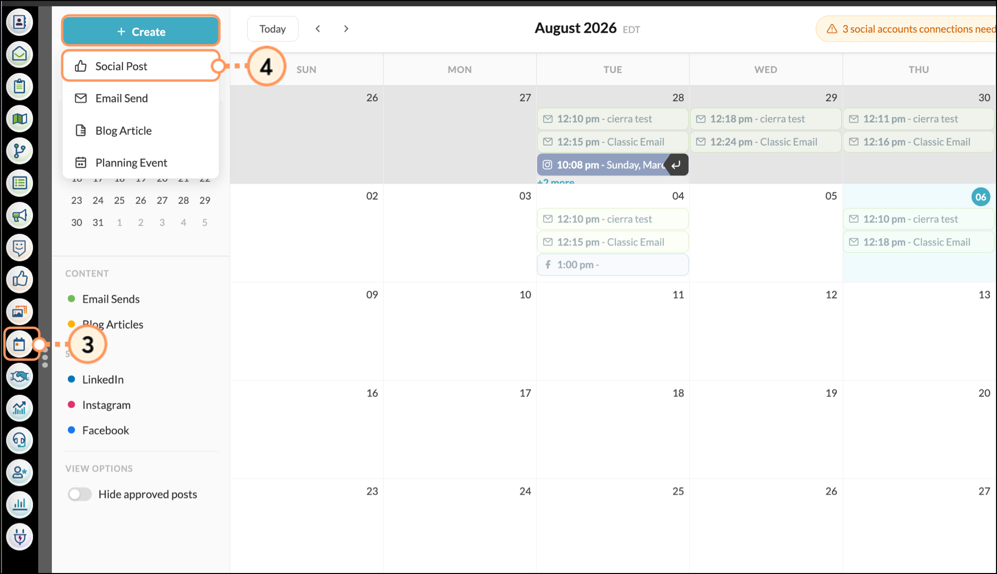 Social Post option in the Create menu of the Content Calendar