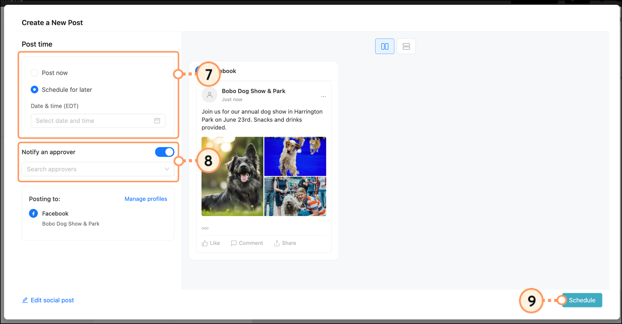 Post time section, Notify an approver section and blue Schedule button