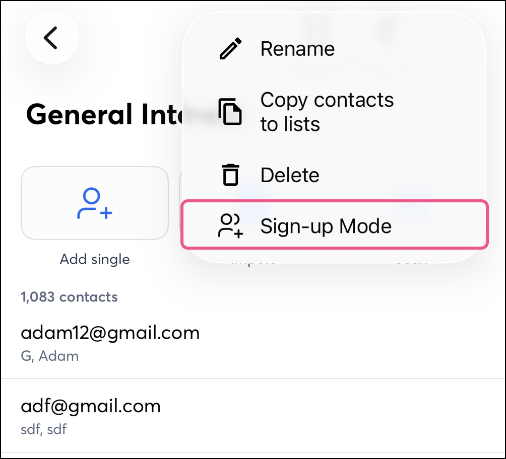 Sign-up mode dropdown menu option
