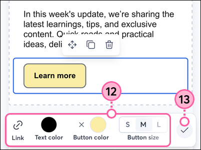 Mobile web email editor, Button block, Link and customization options, and Check Mark icon