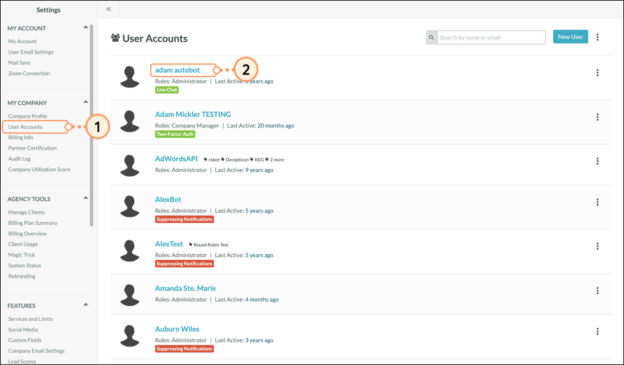 User accounts page in Settings