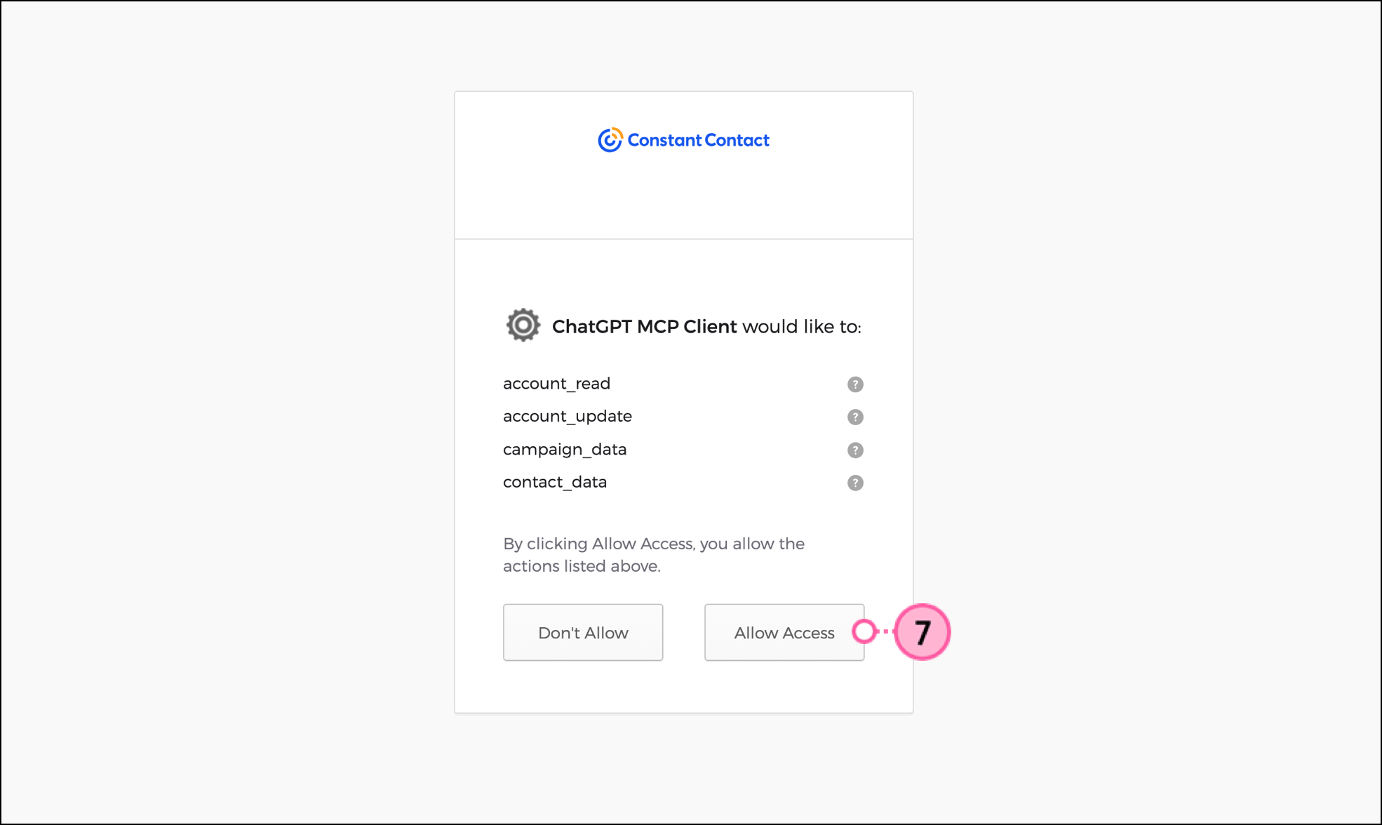 Allow Access button on Constant Contact