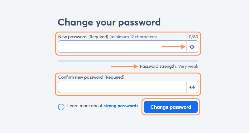 Change Your Password page, New Password and Confirm New Password fields, and Change Password button