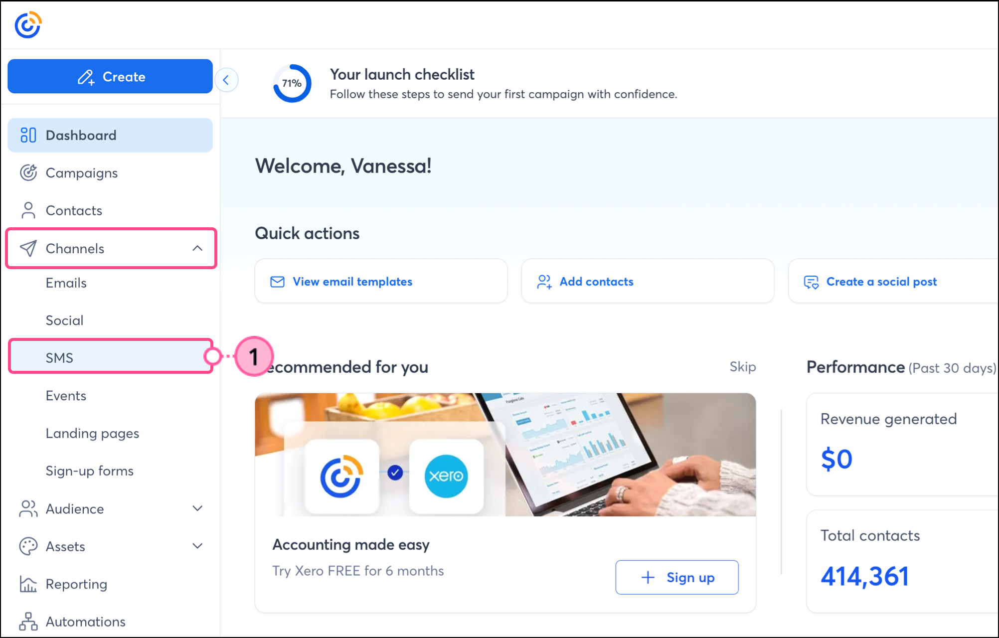 SMS in the Channels drop-down of the navigation menu