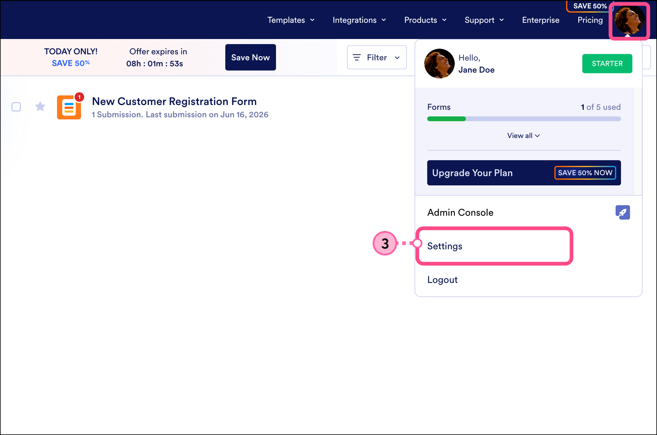 Settings option in the expanded profile menu in the top right corner